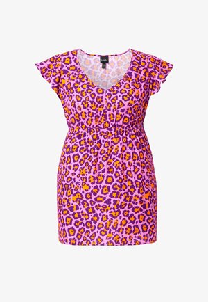 Robe à col en V, manches courtes, taille élastique, avec un imprimé léopard vif rose, orange et violet.