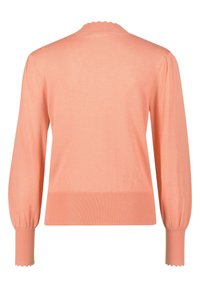 Koraalrode cardigan met lange mouwen, geribbelde zoom en golvende halslijn. Gemaakt van zachte stof met een gladde textuur. Eenvoudig ontwerp, zonder patronen.