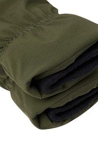 Olive green fabric with a smooth texture, featuring a rolled edge and contrasting black lining underneath. Visible stitching details.
