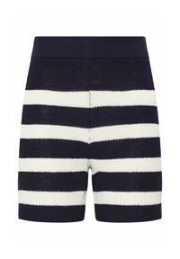 Strikkede shorts med marineblå og hvide vandrette striber, med en ribbet talje og en tekstureret stoffinish.