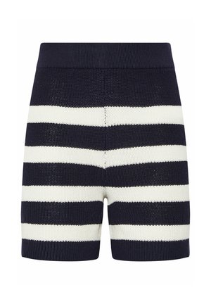 Shorts in maglia con righe orizzontali blu navy e bianche, dotati di vita a costine e finitura in tessuto testurizzato.