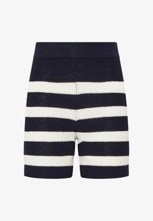 Strikkede shorts med marineblå og hvide vandrette striber, med en ribbet talje og en tekstureret stoffinish.