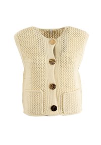 Gilet sans manches en laine de couleur crème avec un motif texturé, doté de quatre boutons marron et de deux poches avant. Encolure arrondie.
