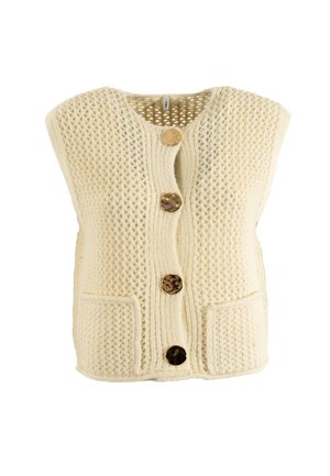 Gilet senza maniche in lana color crema con motivo strutturato, dotato di quattro bottoni marroni e due tasche frontali. Scollo arrotondato.