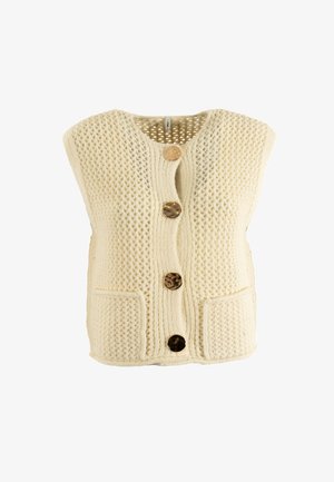Gilet senza maniche in lana color crema con motivo strutturato, dotato di quattro bottoni marroni e due tasche frontali. Scollo arrotondato.