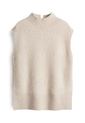 Gilet en tricot beige sans manches avec un col à côtes haut et un ourlet à côtes sur un fond blanc.