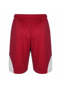 Rote Sportshorts aus einem leichten Stoff, mit elastischem Bund und weißen Seitenelementen. Glatte Textur und knielanger Schnitt.