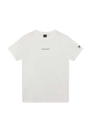 Biała bawełniana koszulka z krótkim rękawem, okrągłym dekoltem i małym czarnym nadrukiem logo z przodu. Z boku na rękawie znajduje się metka.