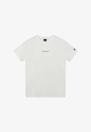 Maglietta bianca in cotone con maniche corte, scollo tondo e una piccola stampa di logo nero sul davanti. Presenta un'etichetta laterale sulla manica.