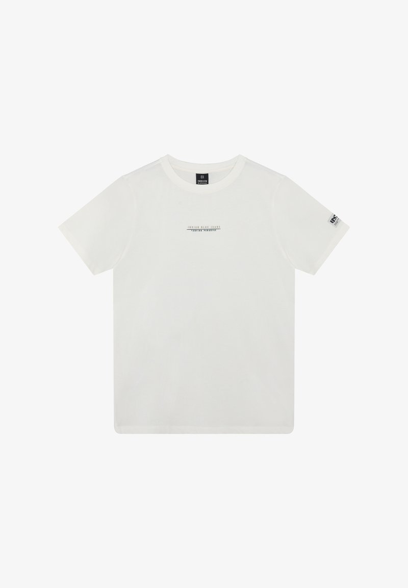 Witte katoenen T-shirt met korte mouwen, ronde hals en een kleine zwarte logo-opdruk aan de voorkant. Voorzien van een zijlabel op de mouw.