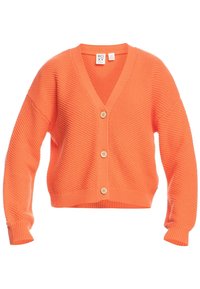 Oranger Strickcardigan mit V-Ausschnitt, drei Knöpfen und weiten, langen Ärmeln. Verfügt über eine strukturierte Stoffoberfläche und eine verkürzte Passform.