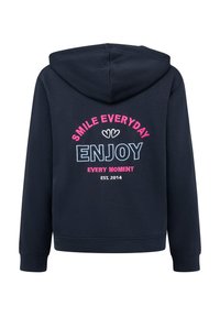 Granatowy hoodie z kapturem na sznurek, z kolorowym napisem: "UŚMIECHAJ SIĘ CODZIENNIE", "CIESZ SIĘ", i "KAŻDĄ CHWILĄ" w różowym i jasnoniebieskim haftem.