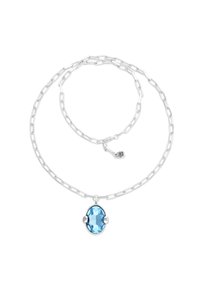Collier chaîne en argent avec un pendentif en pierre ovale bleu clair. La chaîne présente un design à maillons avec une fermeture à boucle et une longueur réglable.