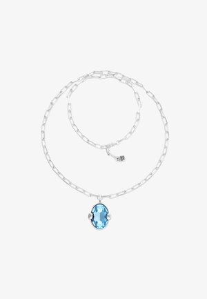 Collier chaîne en argent avec un pendentif en pierre ovale bleu clair. La chaîne présente un design à maillons avec une fermeture à boucle et une longueur réglable.