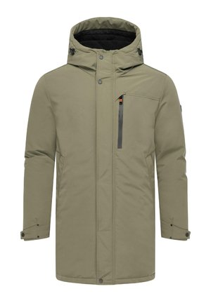 Olive zaļš izolēts jaka ar kapuci, ar rāvējslēdzēja krūšu kabatu, ar snap aprocēm un gludu ārējo tekstūru.