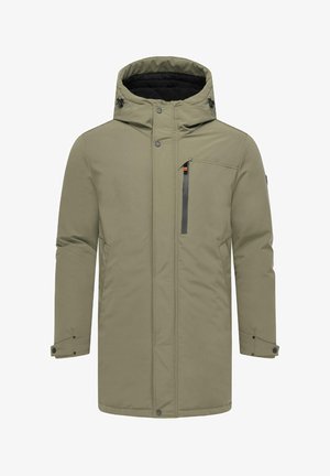 Õlivärvi soojustusjakk kapuutsiga, millel on lukuga rinnatasku, nupud mansettidel ja sile väline tekstuur.