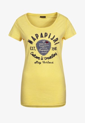 Yellow short-sleeve T-shirt with a round neckline. Features printed graphics, including text and a shield design, on the front.