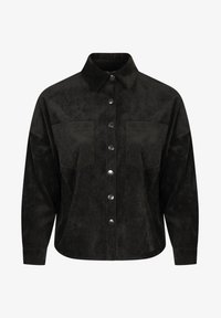 Zwarte corduroy overhemdjasje met een knoopsluiting aan de voorkant, twee borstzakken en een klassieke kraag. Bevat een textuurstof en een oversized pasvorm.