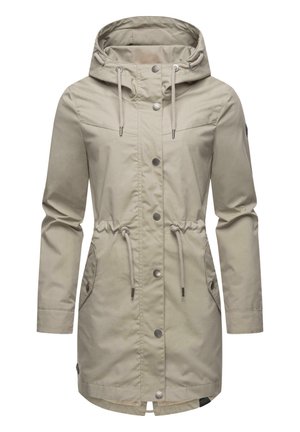 Beige raincoat with a hood, drawstring waist, snap and zip closure, two side pockets, and a textured fabric finish.