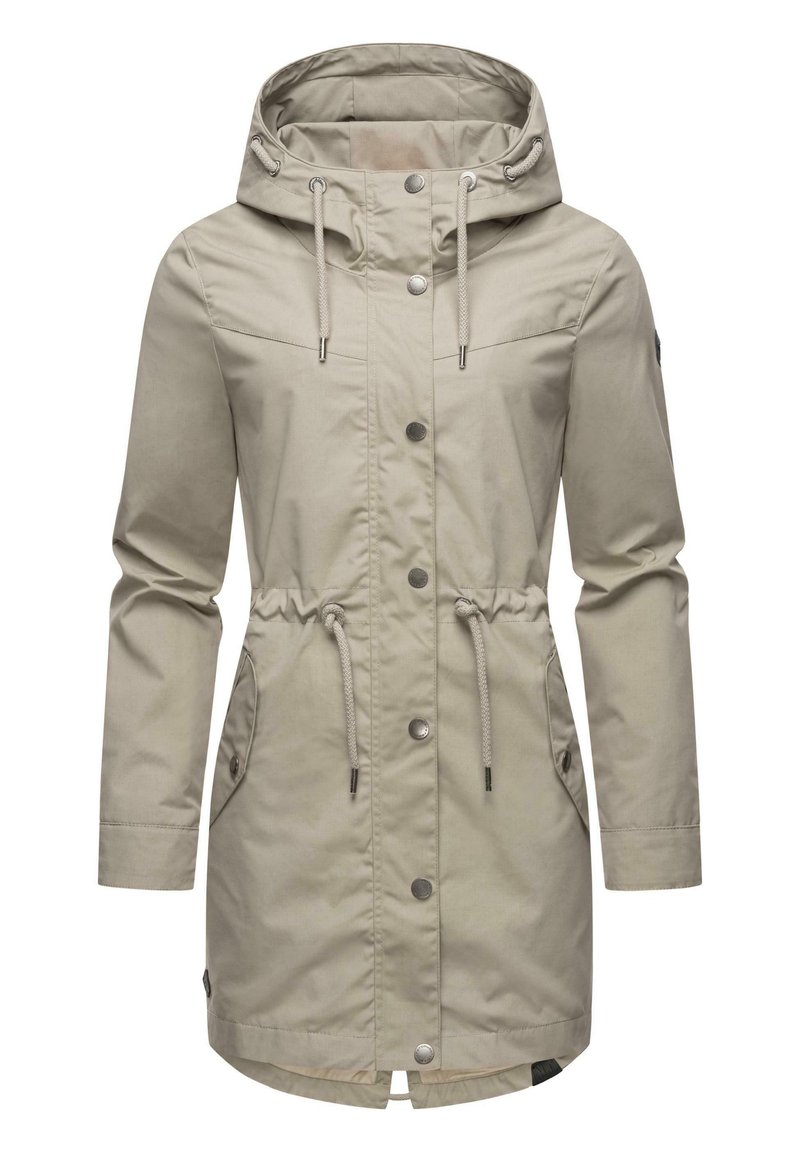 Beige raincoat with a hood, drawstring waist, snap and zip closure, two side pockets, and a textured fabric finish.