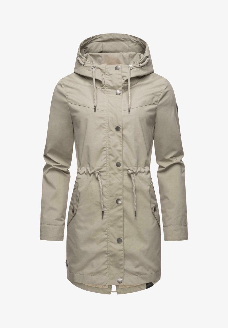 Beige raincoat with a hood, drawstring waist, snap and zip closure, two side pockets, and a textured fabric finish.