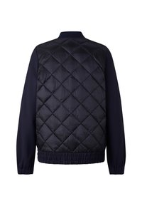 Marineblaue Bomberjacke mit einer gesteppte, gepolsterten Rückseite und soliden Ärmeln, ausgestattet mit einem gerippten Kragen und Bündchen sowie einem elastischen Bund für eine bequeme Passform.