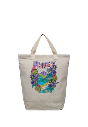 Płócienna torba na ramię w kolorze beżowym, z kolorowym wzorem przedstawiającym góry i kwiaty oraz napisem "Roxy 1990" na dole.