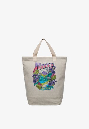 Τσάντα ώμου από καμβά σε μπεζ ύφασμα, με πολύχρωμο γραφικό σχέδιο βουνών και λουλουδιών, και κείμενο "Roxy 1990" στο κάτω μέρος.