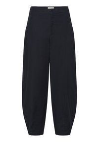 Black cropped pants made from lightweight fabric, featuring a loose fit and tapered design. Minimalist style with no visible hardware or patterns.