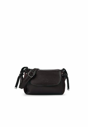 Kleine schwarze Lederschultertasche mit Frontklappe, verstellbarem Riemen und geflochtenen Seitentasseln mit Metallenden.