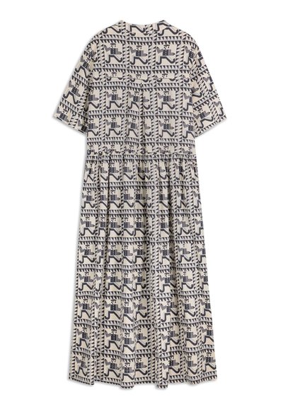 Katoenen jurk met korte mouwen, met een beige achtergrond en een geometrisch marineblauw patroon van gestileerde figuren en vormen. Uitlopende rok ontwerp.