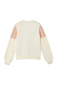 Cream sweater featuring long sleeves with pastel orange and blue diagonal stripes on the shoulders. Knitted ribbed hem and cuffs.