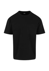 T-shirt noir uni à manches courtes et col rond avec une coupe régulière, présenté sur un fond blanc.