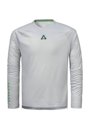 Hellgraues langärmeliges Sportshirt mit rundem Ausschnitt, grünem Logo auf der Brust und grünem Design am linken Ärmel entlang.
