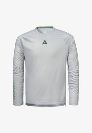 Hellgraues langärmeliges Sportshirt mit rundem Ausschnitt, grünem Logo auf der Brust und grünem Design am linken Ärmel entlang.