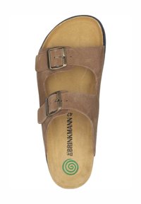 Braune Wildleder-Sandale mit zwei verstellbaren Schnallen, einer gepolsterten Innensohle und einer strukturierten Sohle, mit einem grünen Spiral-Logo auf der Innensohle.