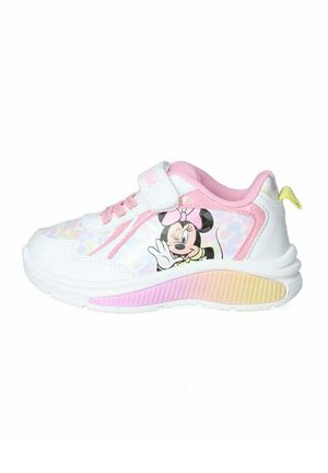 Sneaker bianche con accenti rosa, caratterizzate da un motivo glitterato e una stampa con Minnie Mouse. Fibbia in velcro e suola testurizzata con colori sfumati.