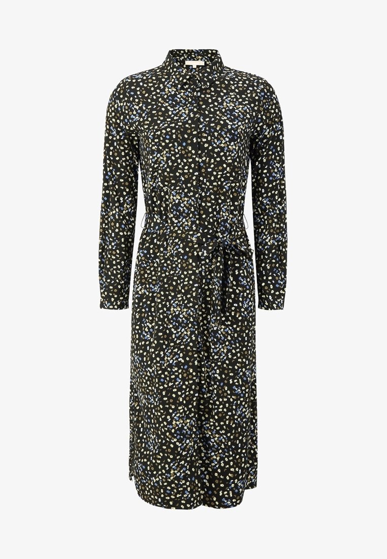 Robe noire avec manches longues, devant à boutons, motif floral bleu et blanc, taille cintrée avec ceinture, coupe mi-cuisse, tissu doux.