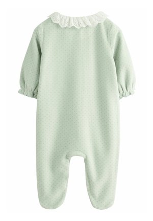 Lichtgroene playsuit met lange pofmouwen, gestippelde textuur en een witte kantenkraag. Beschikt over een opening aan de achterkant voor gemakkelijk aan- en uittrekken.