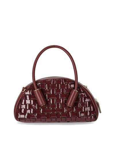 Borsa bordeaux con motivo intrecciato, finitura lucida, forma arrotondata, due manici rigidi e dettagli in hardware color oro. Chiusura con zip.