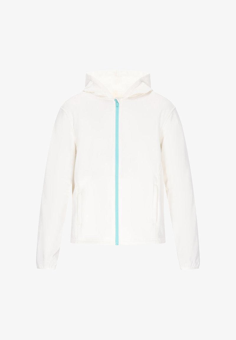 White hooded jacket with a front zipper in turquoise. Features long sleeves and side pockets, made from lightweight fabric.