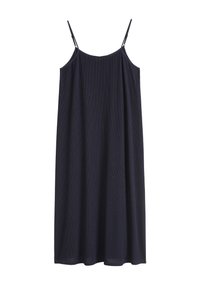 Marineblaues ärmelloses Kleid mit dünnen Trägern, aus strukturiertem Stoff. Es hat eine lockere Passform und reicht bis zum Knie.