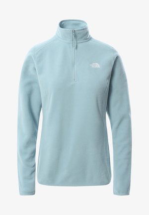 Jasnoniebieska bluza polarowa z długim rękawem, z zamkiem do ćwiartki i białym logo "The North Face" na lewej piersi.