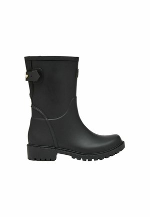 Black rubber ankle boot with a textured exterior, a rounded toe, and a low ridged sole. Features a side buckle and smooth finish.