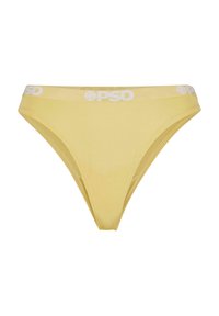 Yellow cotton thong underwear with white elastic waistband featuring "PSD" logo. Smooth texture and minimalist design, front view.