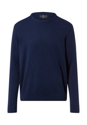 Marineblauer Pullover mit Rundhalsausschnitt aus weichem, strukturiertem Strick. Mit langen Ärmeln sowie gerippten Bündchen und Saum. Einfaches, klassisches Design.