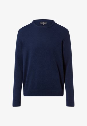 Maglione blu navy a girocollo realizzato in morbido tessuto a maglia testurizzato. Presenta maniche lunghe e polsini e orlo a coste. Design semplice e classico.