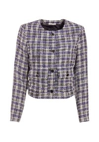 Tweed jacket in white, black, and blue, featuring a rounded neckline, long sleeves, double-breasted button closure, and two front pockets.