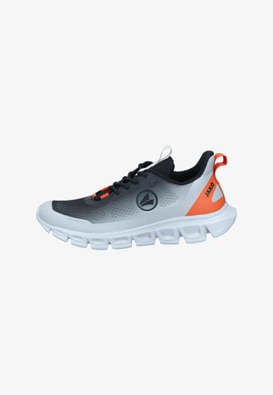 Sport shoes with a black upper, grey accents, and orange details, featuring a textured design. Thick white sole with segmented cushioning.