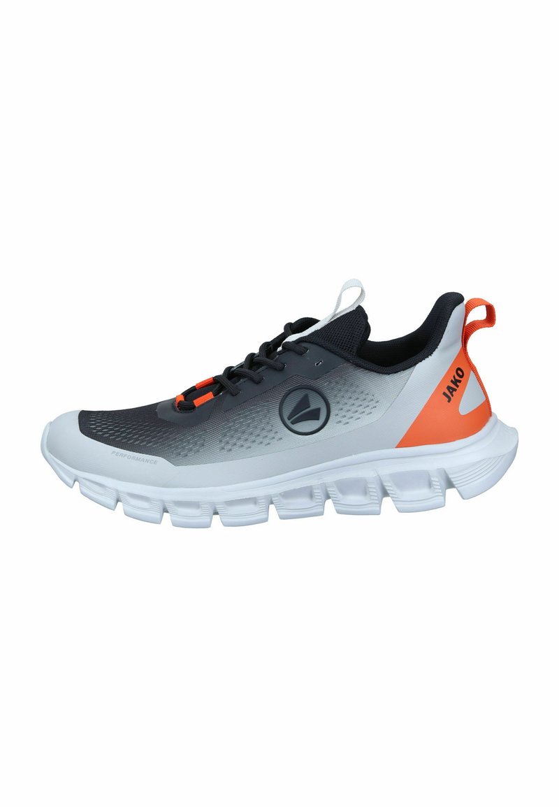 Sportschuhe mit schwarzem Obermaterial, grauen Akzenten und orangen Details, mit strukturiertem Design. Dicke weiße Sohle mit segmentierter Dämpfung.